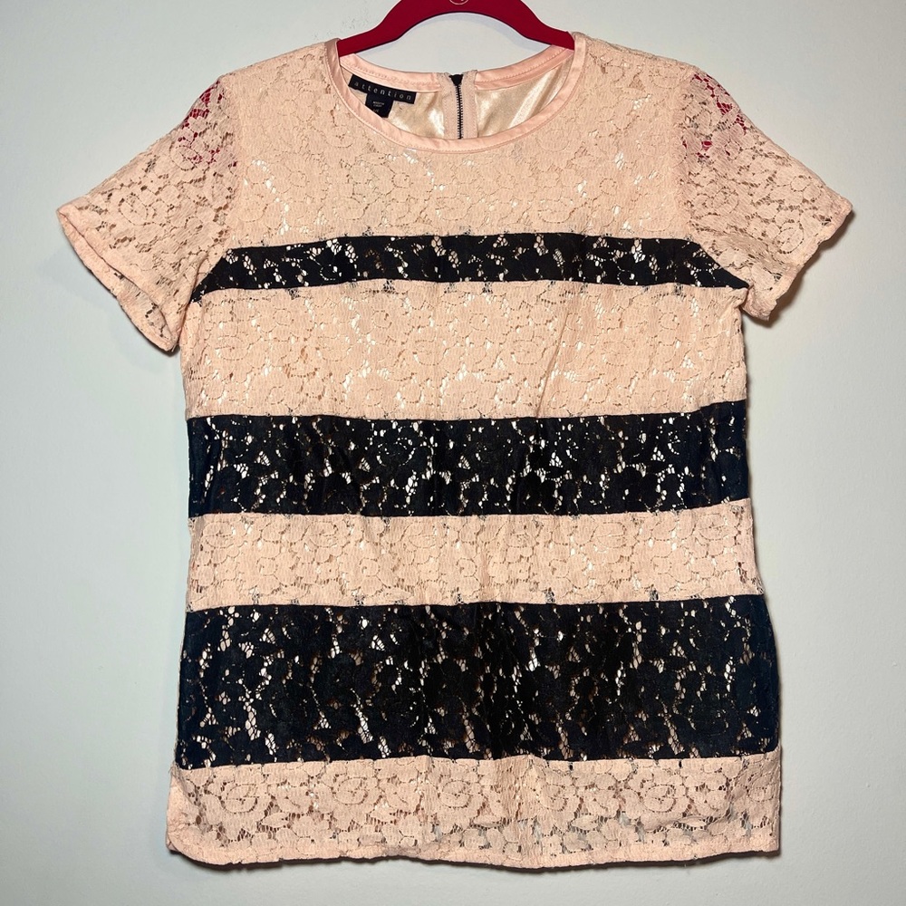 $$SOLD$$ Women’s Tiered Lace Blouse Blush Pink and Black Lace Top Size Small